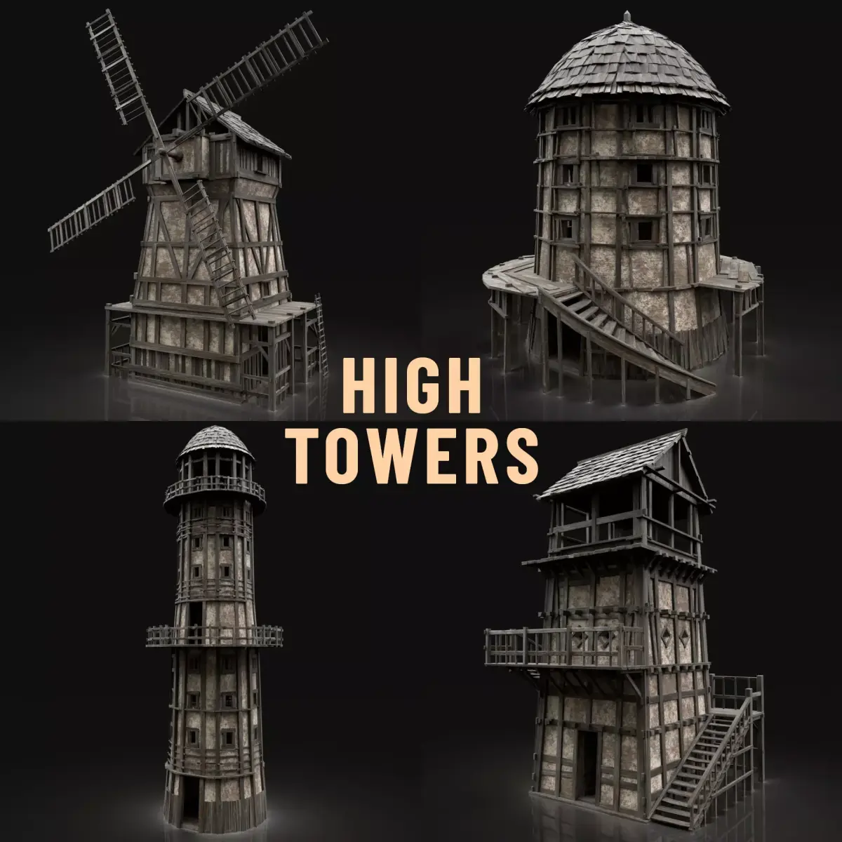 ENTERABLE HIGH TOWER WATCHTOWER COLLECTION BUILDINGS 3D Model Pack