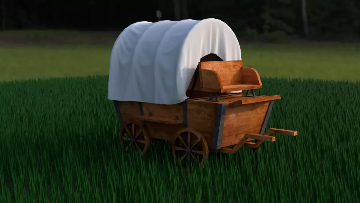 carriage wooden covered wagon in grass Low-poly 3D model