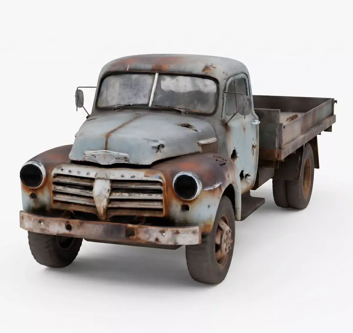 A Realistic Wrecked 1950s Rural Flatbed Truck 3D Model Low-poly 3D model