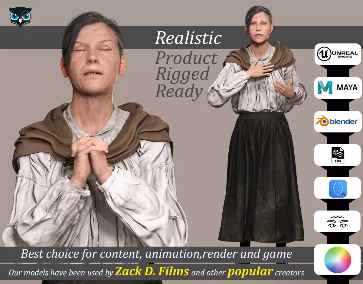 Elda Realistic Elderly Woman 3D Character Model Low-poly 3D model