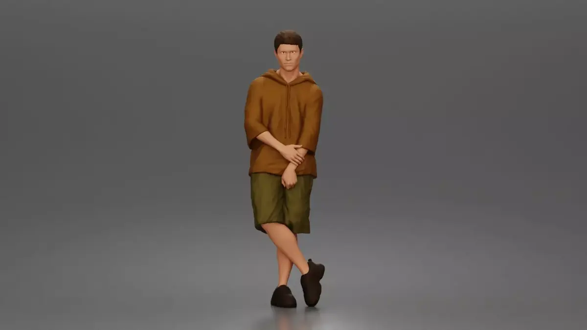 Man crosses arms wearing hoodie shorts sneakers relaxed 3D print model