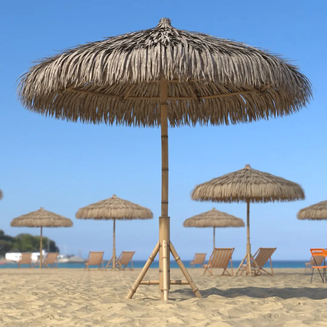 Straw Beach Umbrella with Bamboo Support 3D model