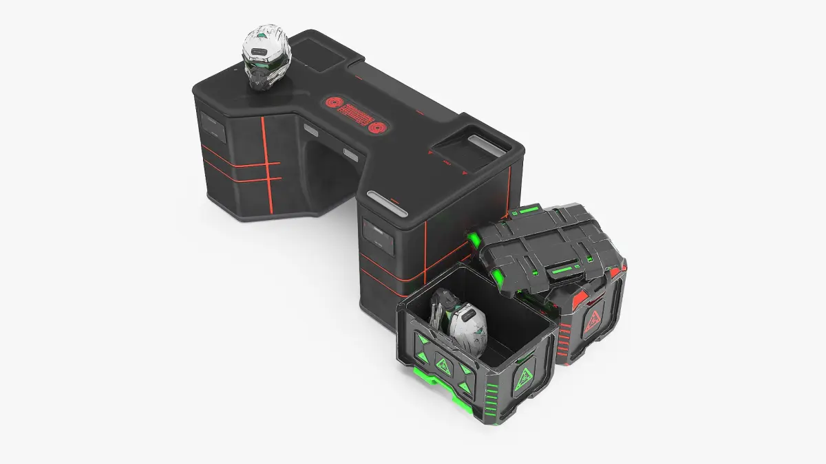 Futuristic Control Console with Helmet and Storage Container 3D model