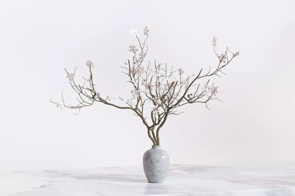 Twig with flowers and a bird in ceramic vase 3D model