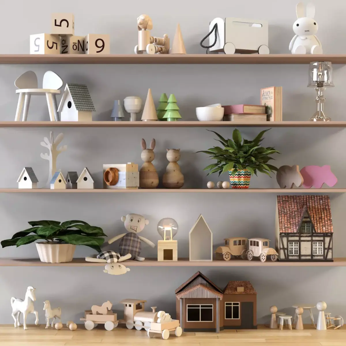 Toy set wooden shelf with toys 3D model