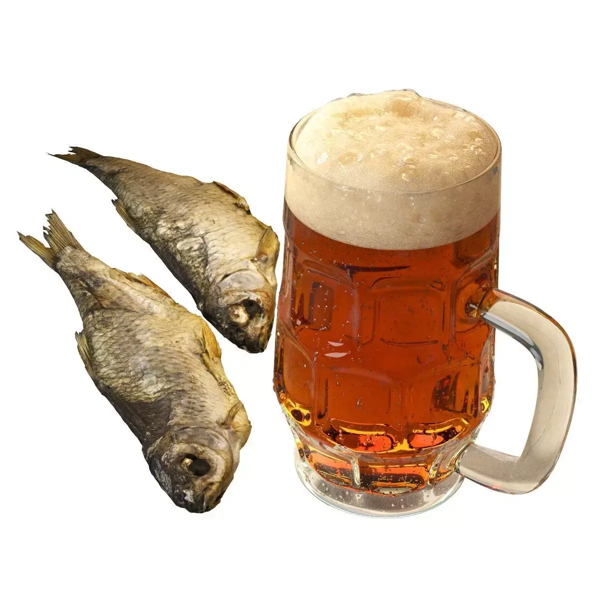 Beer in a mug with dried fish 3D model