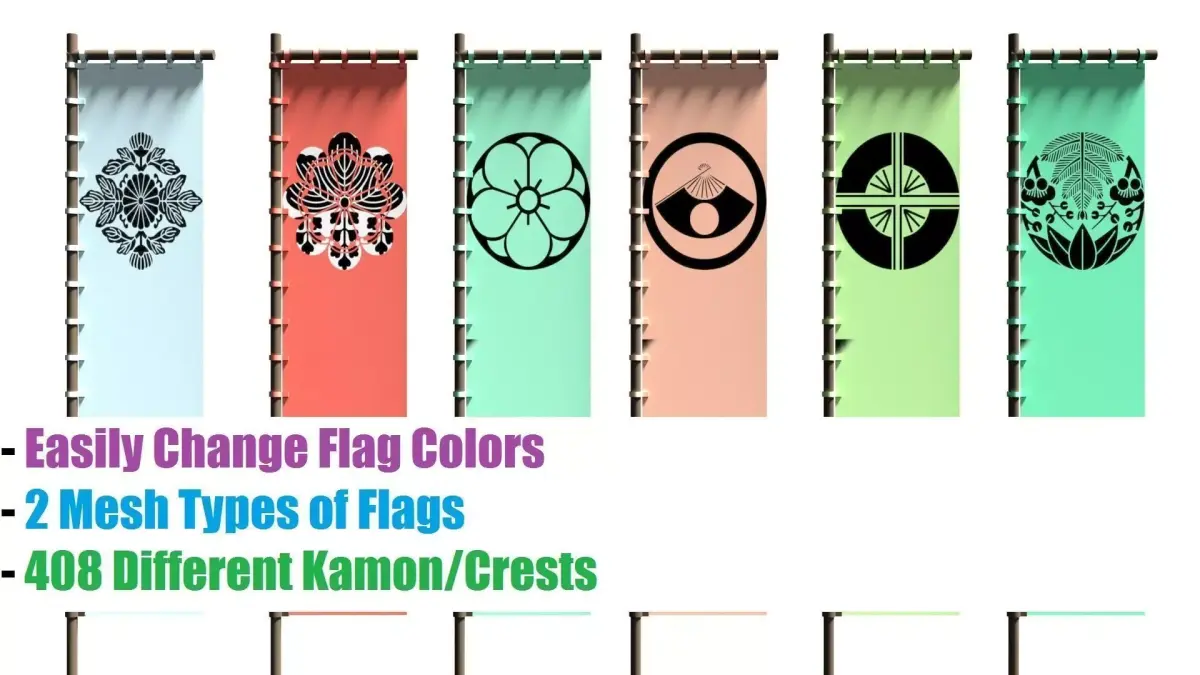 Japanese Battle Flags Pack 2 Styles over 400 Crests HQ War Low-poly 3D model