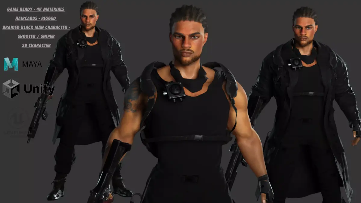 AAA 3D REALISTIC BRAIDED BLACK MAN CHARACTER-GUN SHOOTER SNIPER Low-poly 3D model