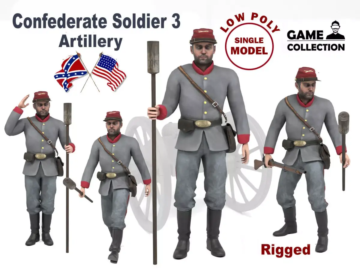 Confederate Soldier 3 - Artillery Low-poly 3D model