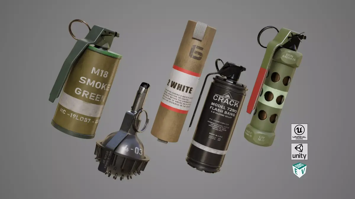 Smoke and Flash Grenades Single Mat All PBR Unity UE Textures Low-poly 3D model