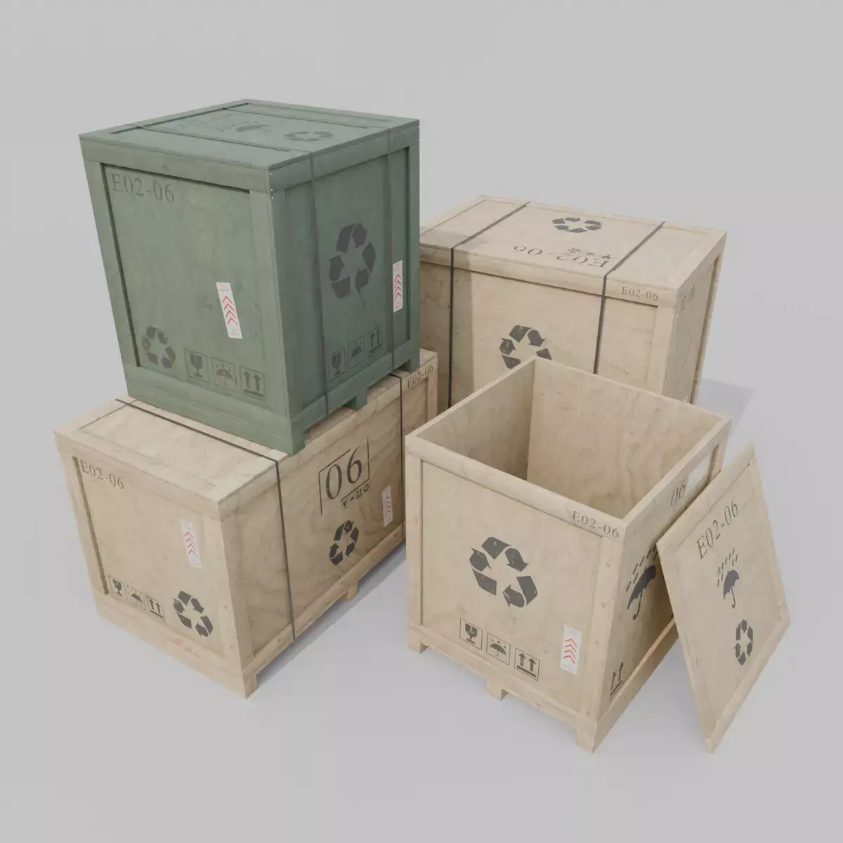 Customizable Wooden Crate Trio - Balanced Stack 3D Model Pack