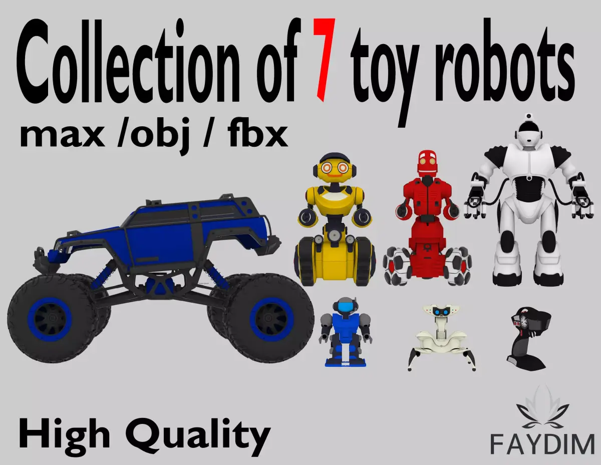 Collection of 7 toy robots 3D model