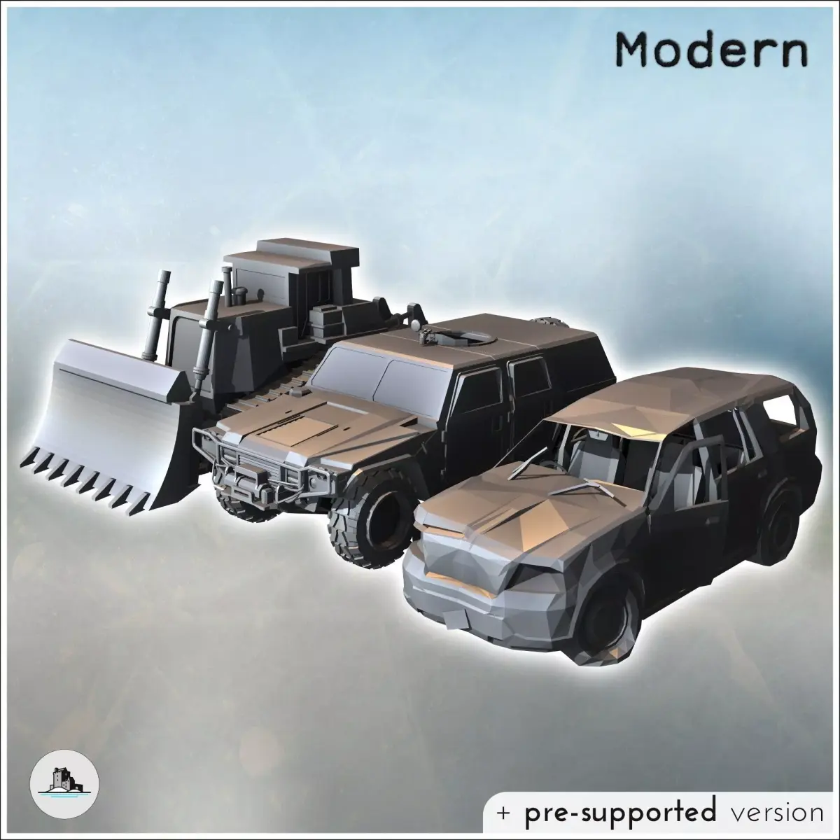 Set of three post-apocalyptic vehicles with vehicle carcasses bu 3D print model