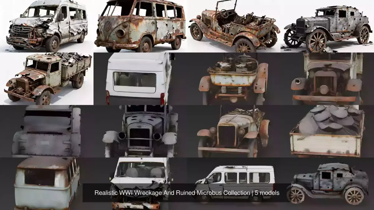 Realistic WWI Wreckage And Ruined Microbus Collection 3D Model Pack