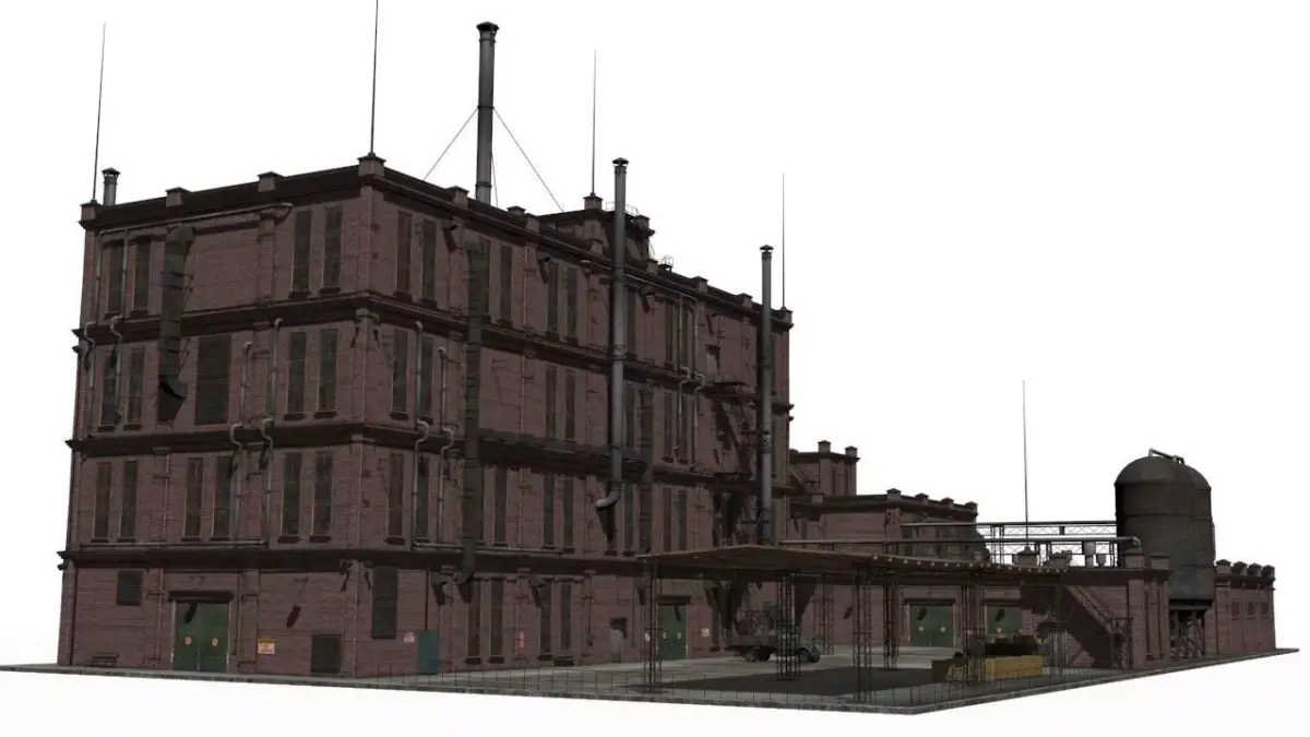 Factory brick building with pipes Low-poly 3D model
