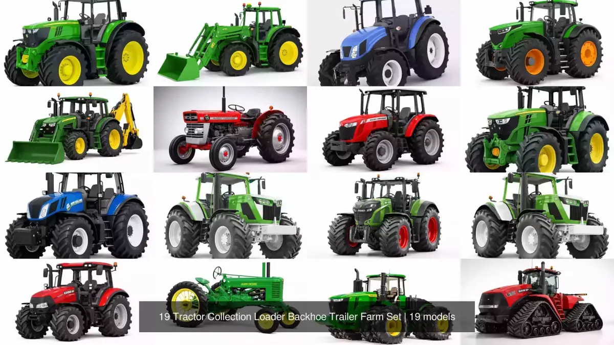 19 Tractor Collection Loader Backhoe Trailer Farm Set 3D Model Pack