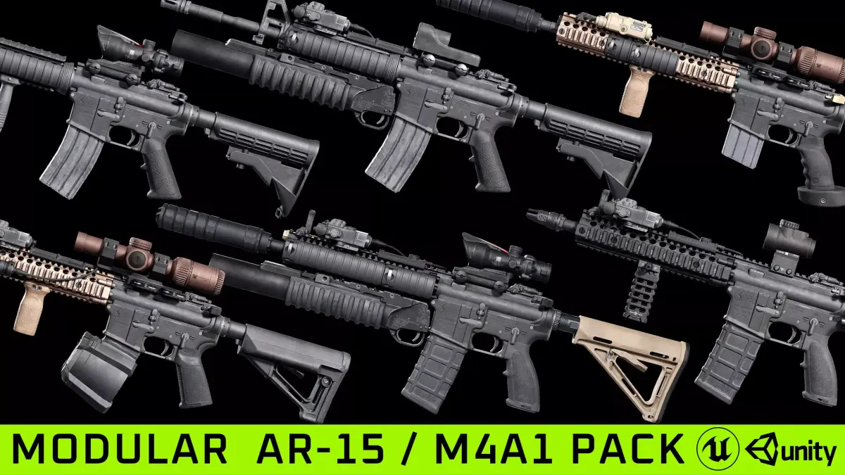 Modular M4A1  AR15 pack low poly game ready Low-poly 3D model