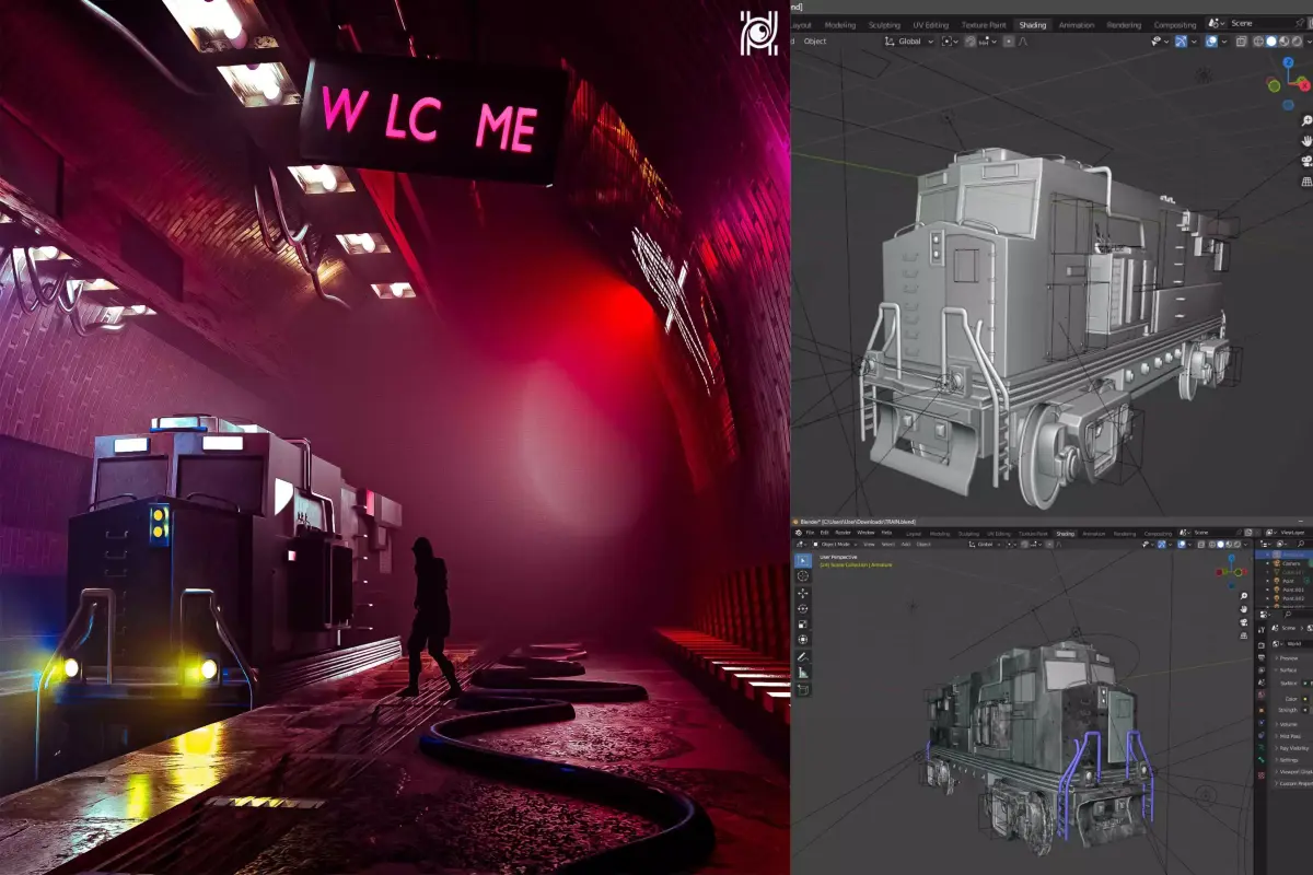 Realistic Locomotive  Underground Train Station 3D model