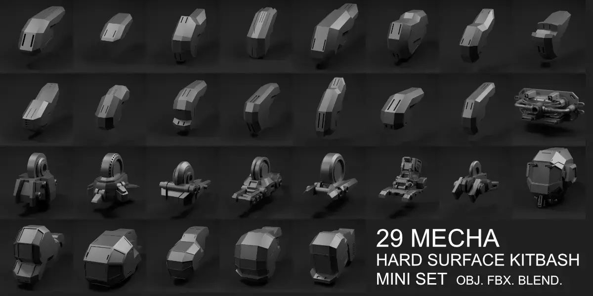 29 Mecha Hard Surface Kitbash Mini Set Low-poly 3D model