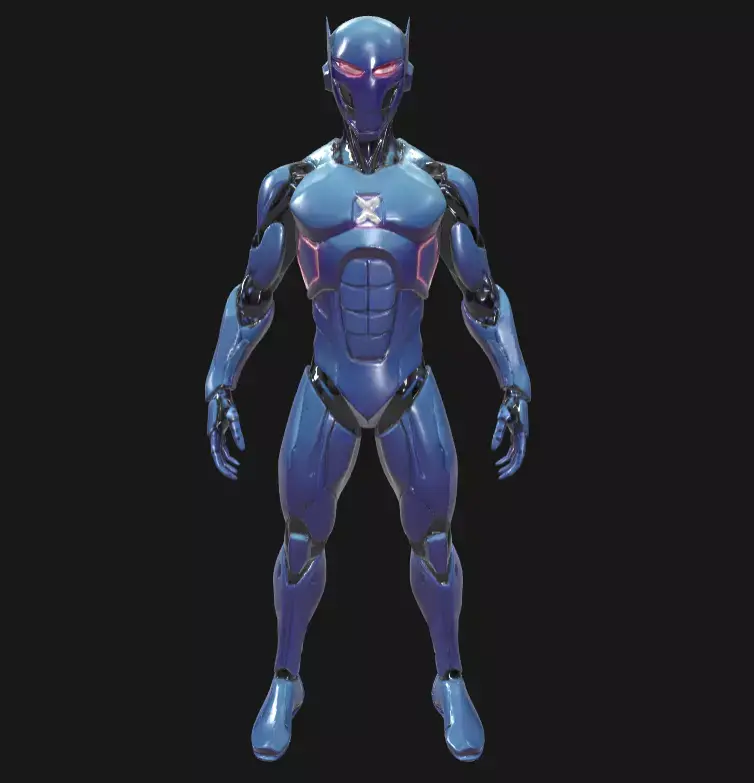 blue sleek glossy batman like ear and red eye villain look robot Low-poly 3D model