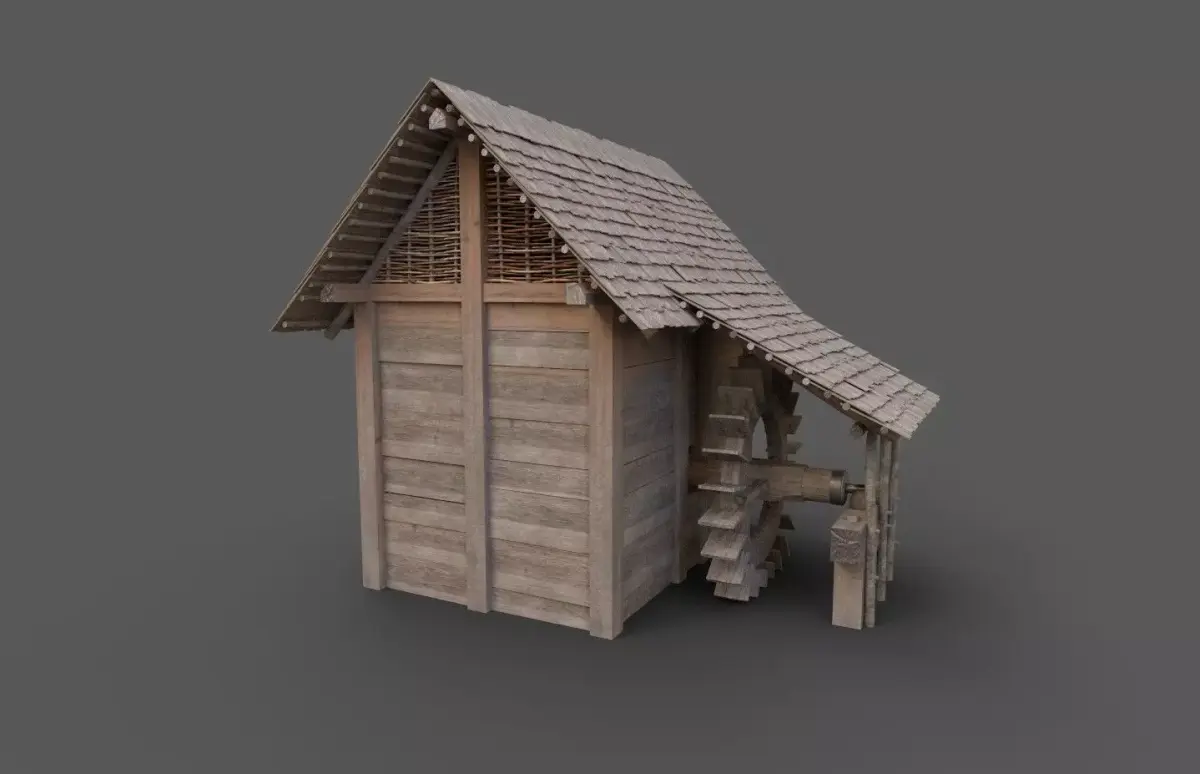 Enterable small early medieval watermill Low-poly 3D model