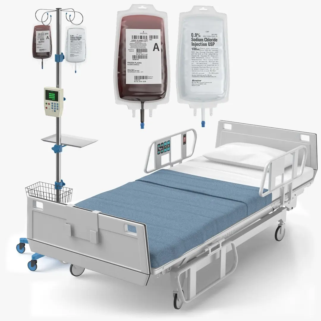 Hospital Bed With IV And Blood Stand Collection 3D model