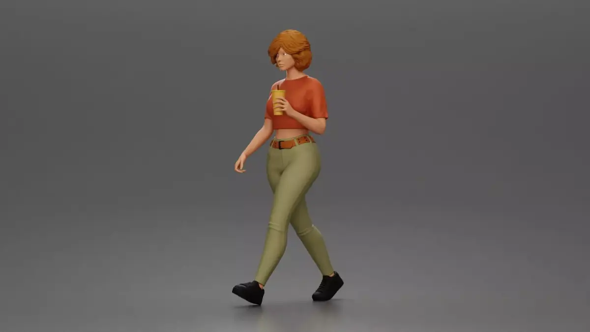 Woman strolls sipping beverage wearing crop top belted pants 3D print model