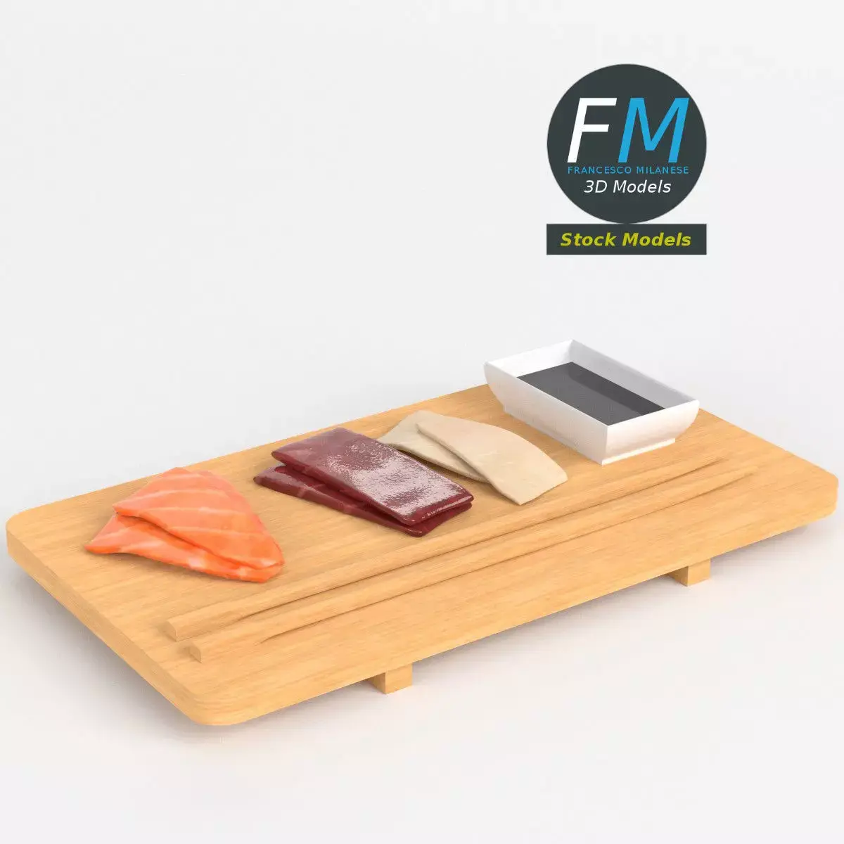 Sushi sashimi and soy sauce 3D model
