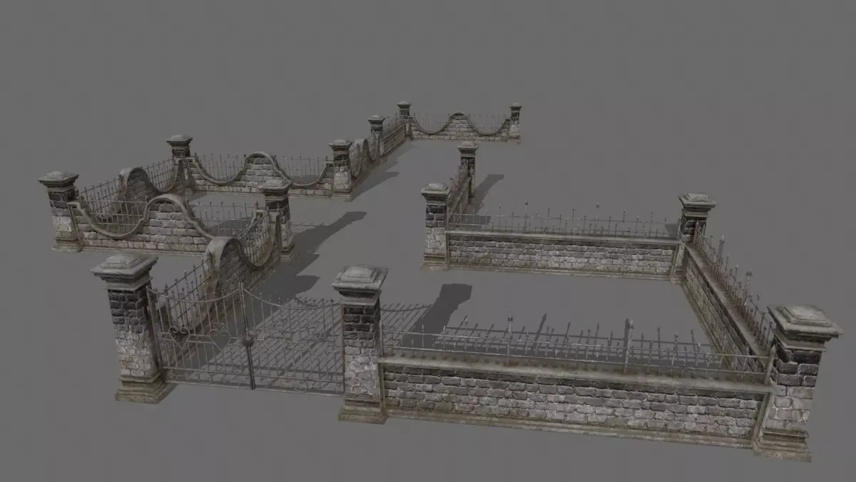 wall set stone with iron railings Low-poly 3D model