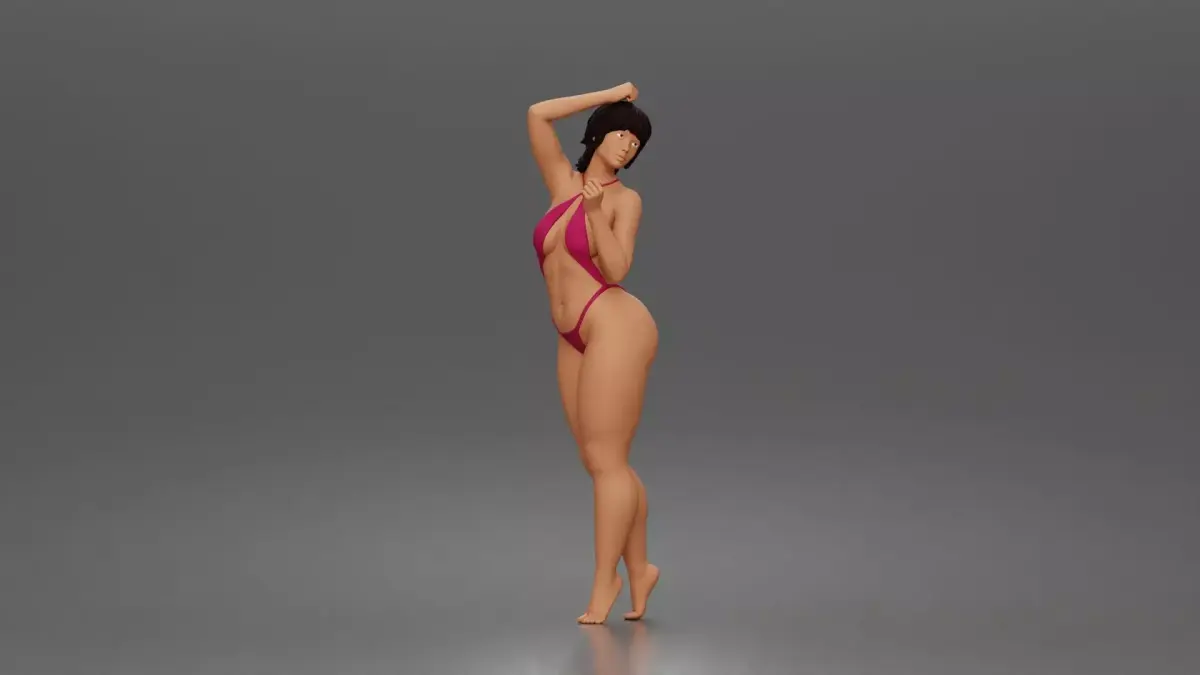 woman poses gracefully wearing daring cutout monokini barefoot 3D print model