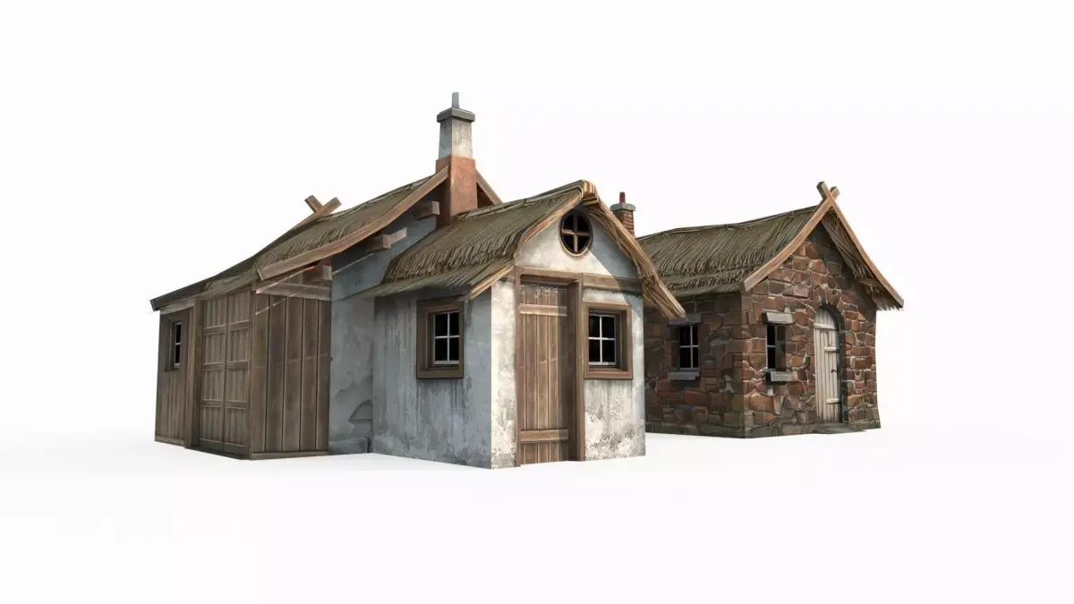 Hand drawn medieval architecture with two thatched cottages 3D model