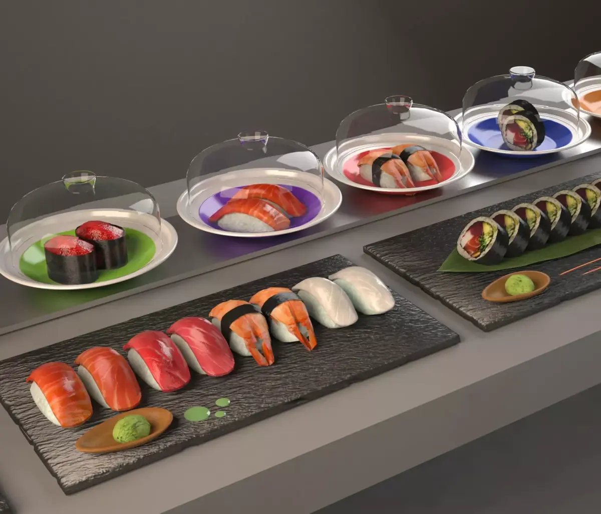 sushi belt Kaitenzushi and dishes Giapan seafood Low-poly 3D model
