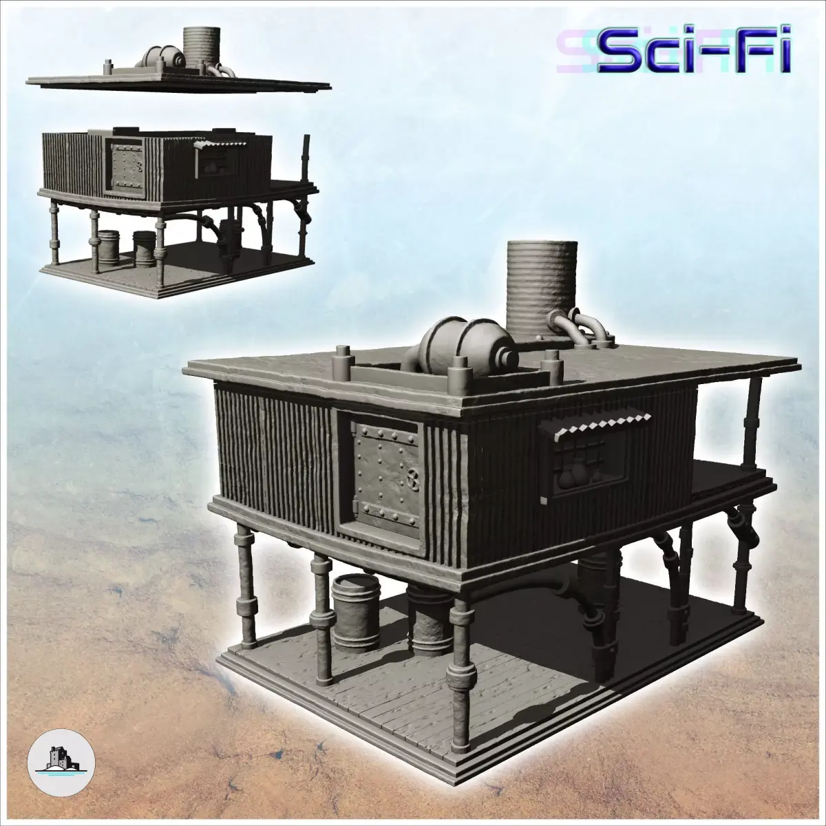 Post-apocalyptic house on stilts with product drums -7- 3D print model