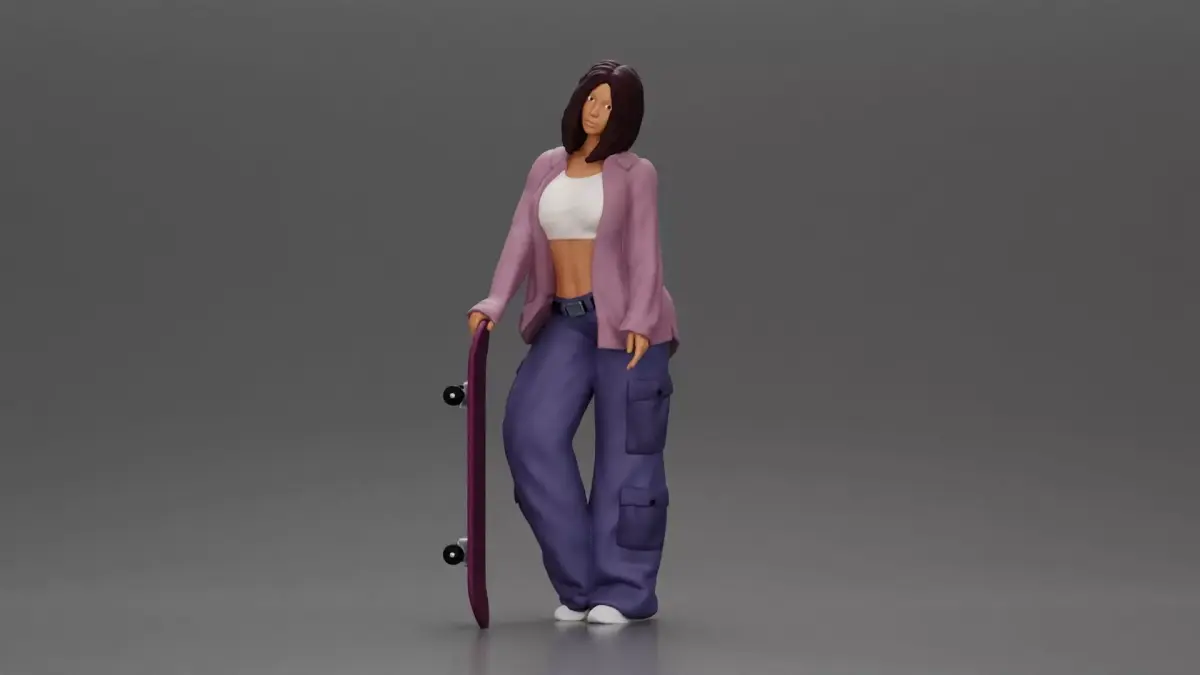 Skater girl wearing crop top cargo pants relaxed pose 3D print model