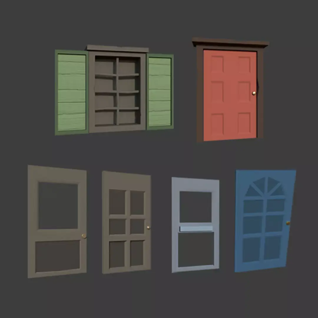 Wooden Window and  Doors Low-poly 3D model