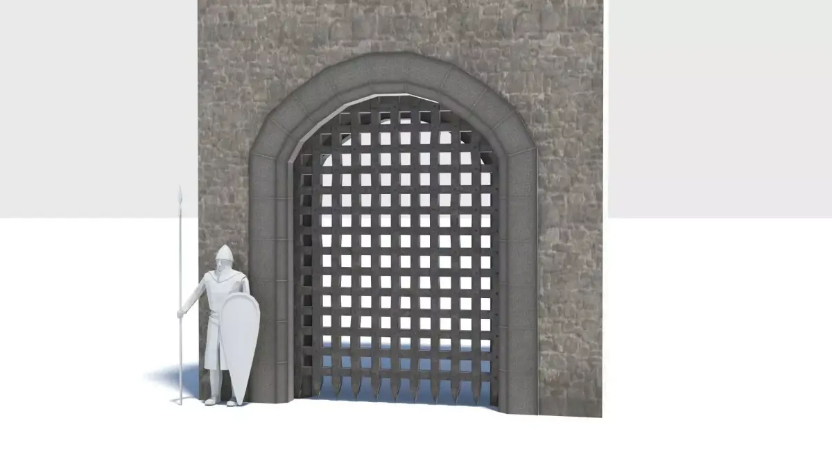 Medieval portcullis gate and winch animated Low-poly 3D model