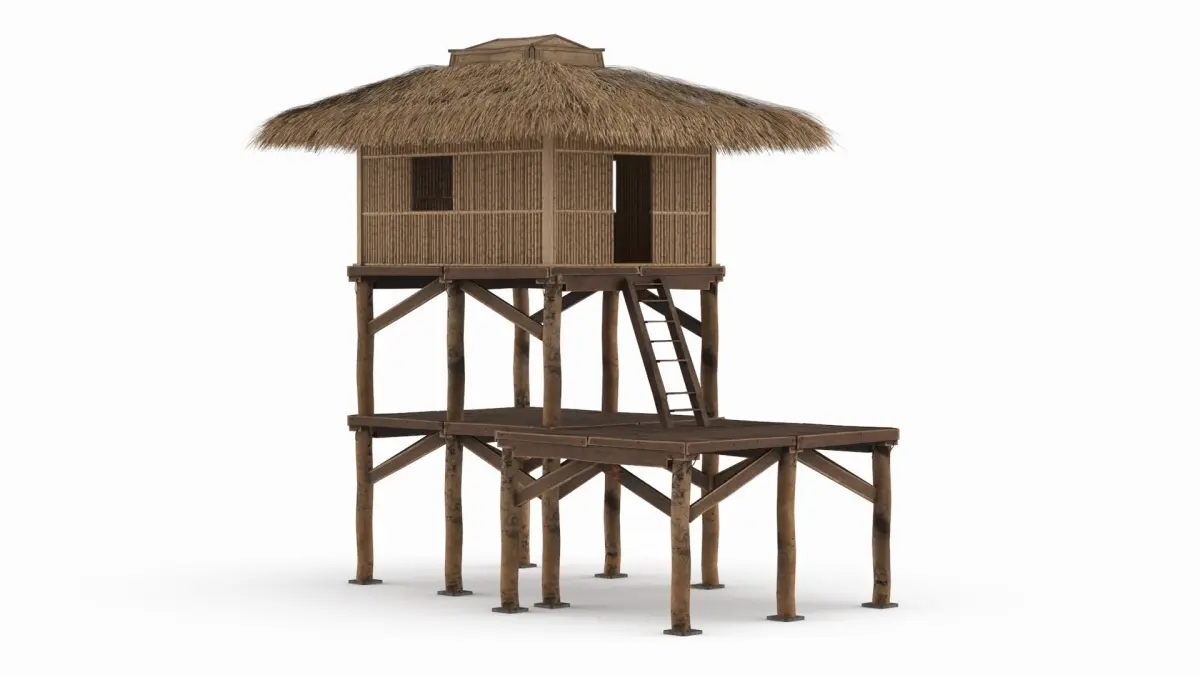 Two-Level Bamboo Hut with Thatched Roof 3D model