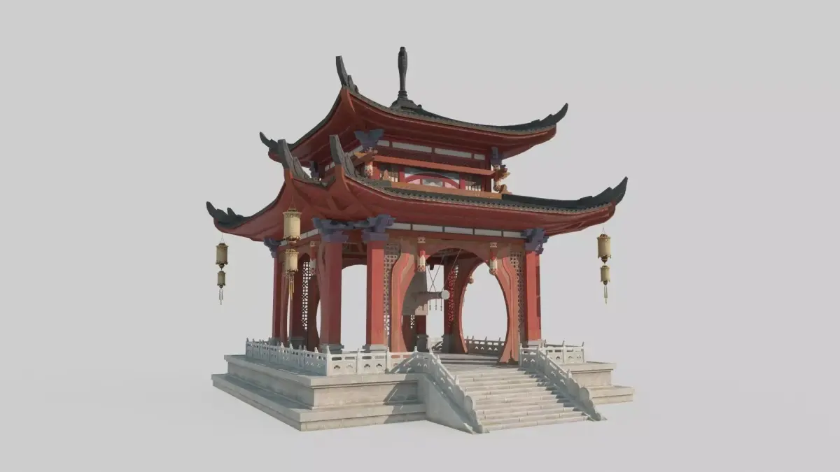 Asian ancient architecture luxury pavilion copper clock 3D model
