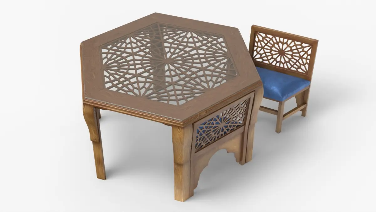 Arabic Wooden Table with Blue Cushioned Chairs 3D model
