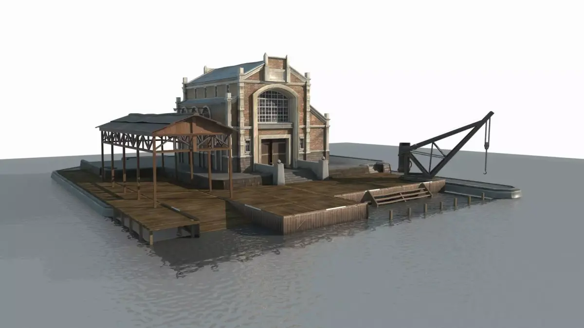 Hand drawn style 19th century architecture fishing boat dock 3D model
