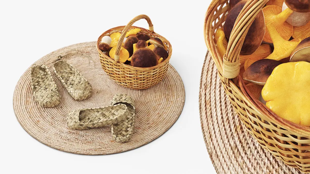Two Pairs of Bast Shoes and Rustic Mushroom Basket 3D model