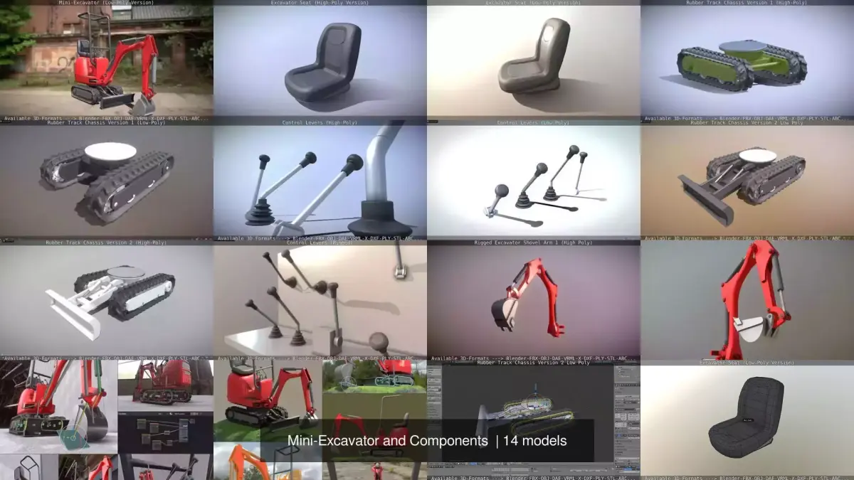 Mini-Excavator and Components  3D Model Pack