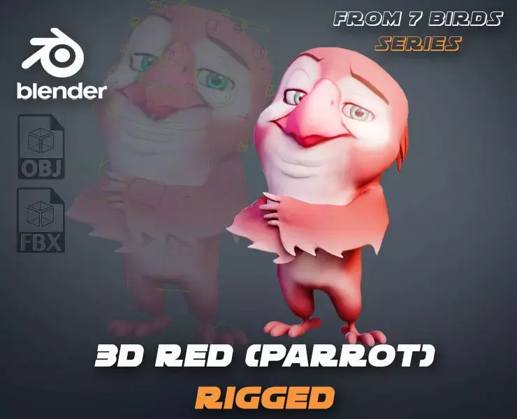 Chibi Parrot - 3D Red - Rigged Cartoon Bird Low-poly 3D model
