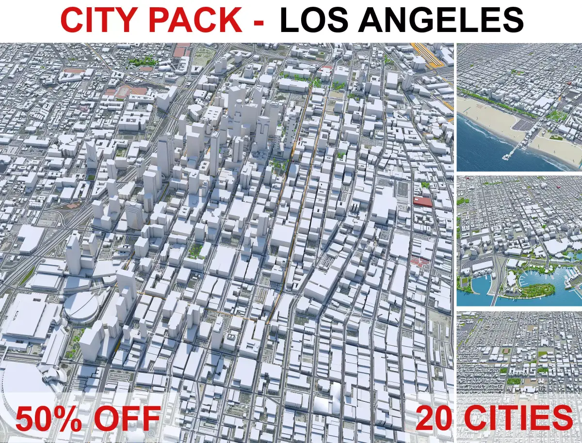 Los Angeles Metropolitan Area and California Top 20 Cities 3D Model Pack purchase