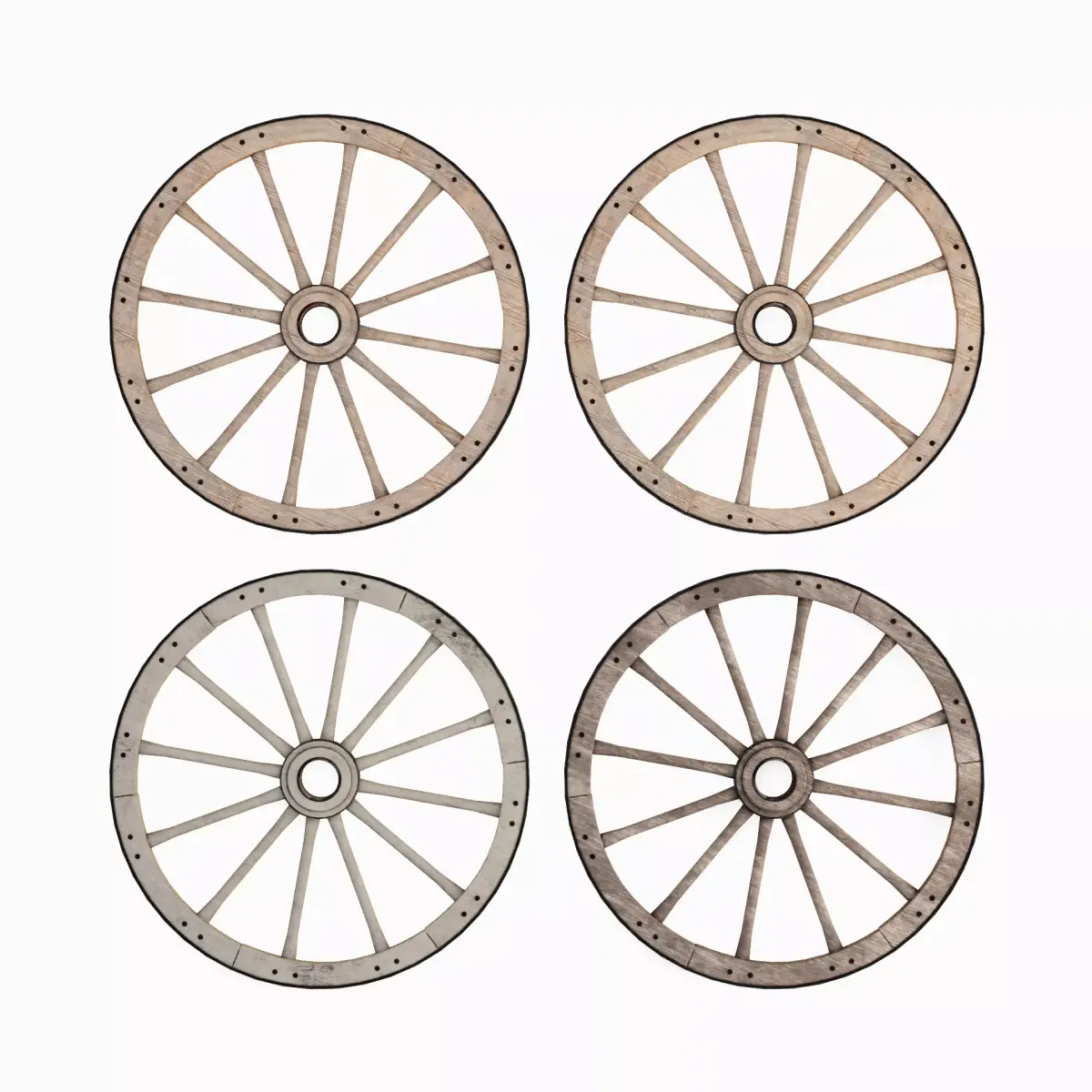 Vintage Wood Wheel Set Low-poly 3D model