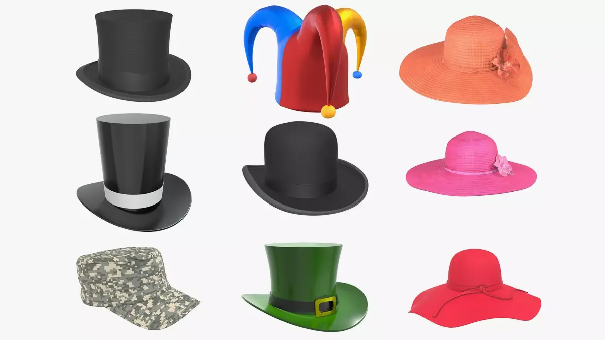 Hat set bowler men women floppy summer jester magician military 3D model