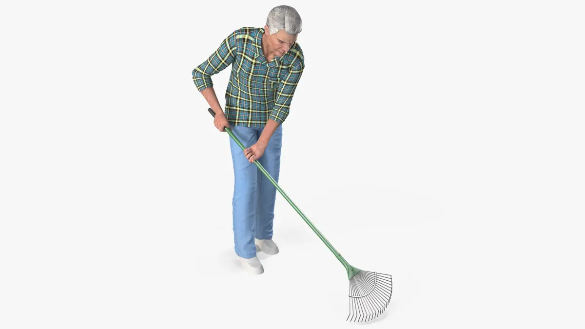Grey-Haired Man in Plaid Shirt with Rake Rigged  purchase 3D model