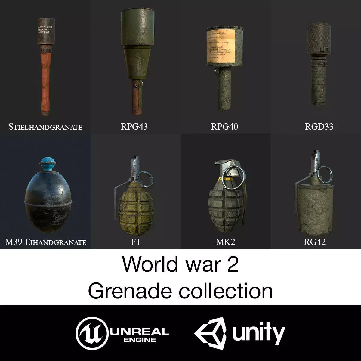 World war 2 Grenade Collection Low-poly 3D model