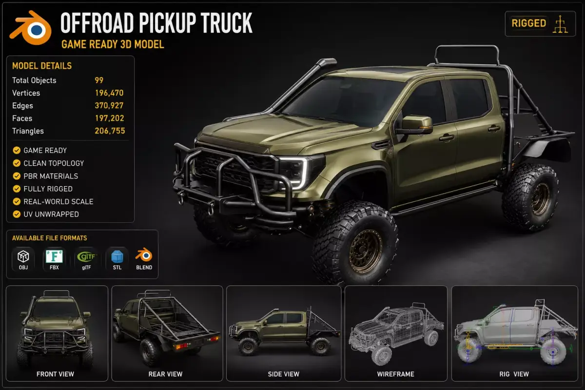 Off Road Pickup Truck 4x4 Rigged Game Ready Vehicle 3D Model 3D model