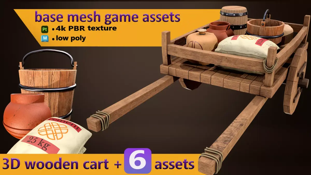 Wooden cart and game assets with PBR texturing Low-poly 3D model
